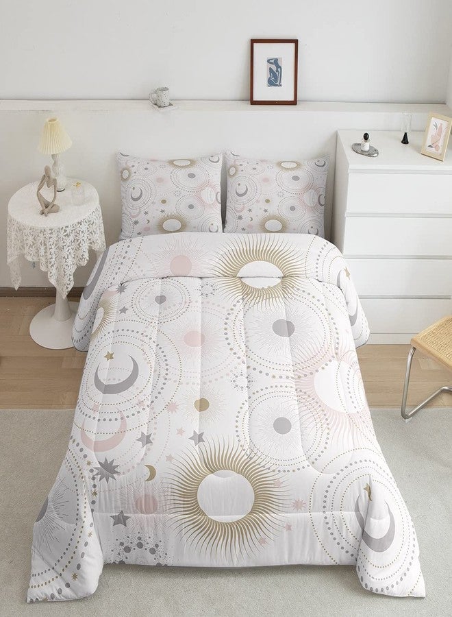 Homewish Stars and Moon Comforter Set Full Size,Pink Golden Grey Shiny Planets Bedding Comforters for Girls Teens,Romantic Galaxy Universe Polyester Quilt Set with 2 Pillowcases,Chic - Image 1
